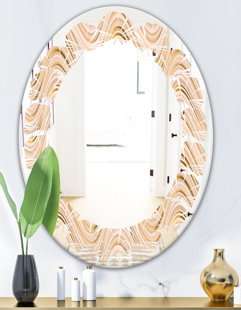 DesignQ Abstract Luxury Beige Waves - Modern Round Or Oval Wall Mirror - Leaves