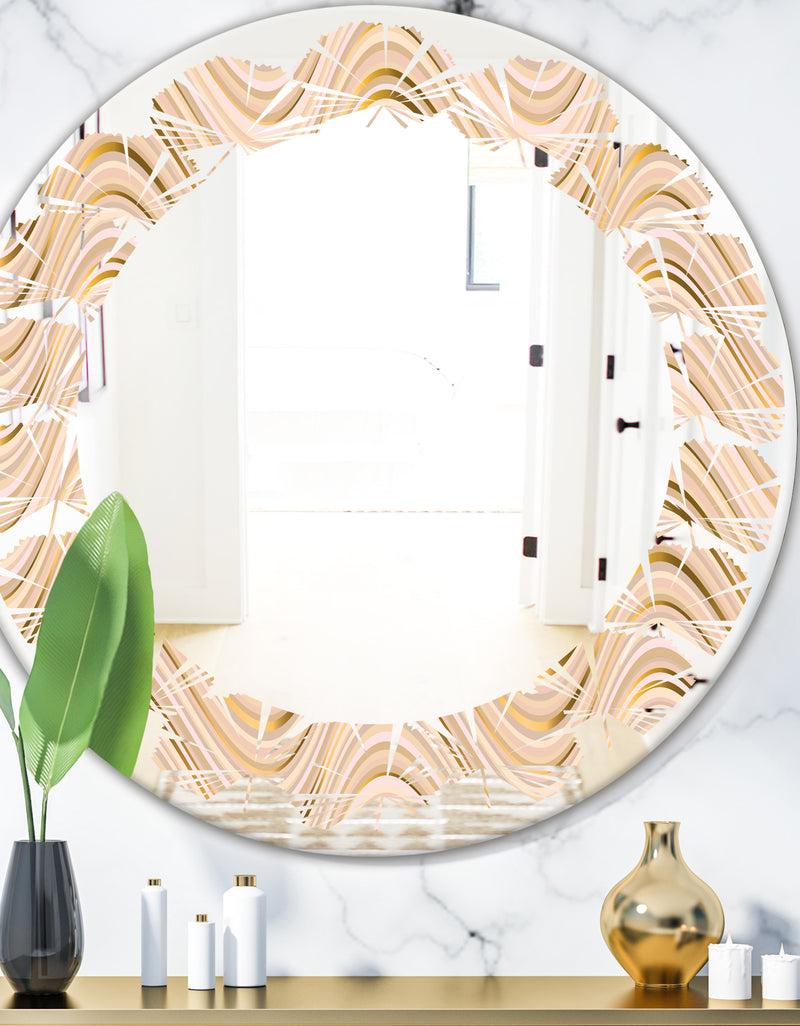 DesignQ Abstract Luxury Beige Waves - Modern Round or Oval Wall Mirror - Leaves