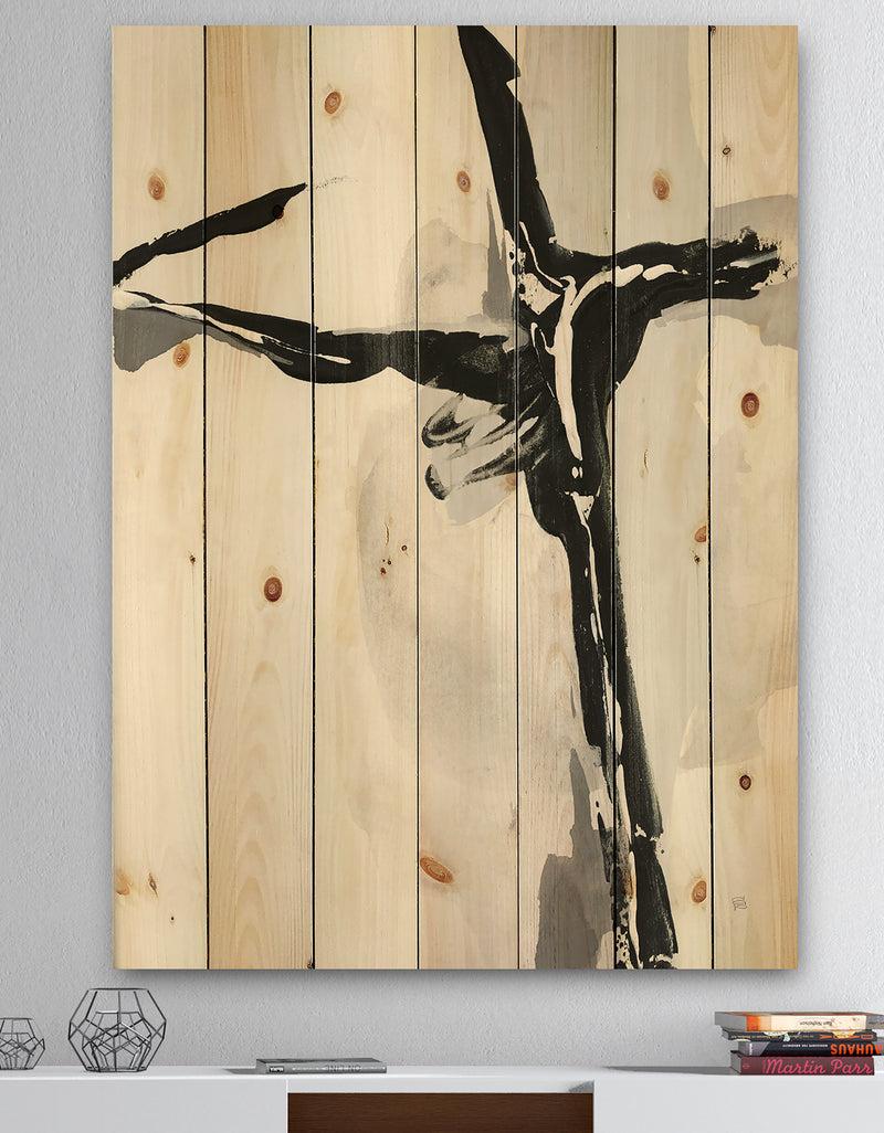 DesignQ Abstract Neutral II - Mid-Century Modern Print on Natural Pine Wood