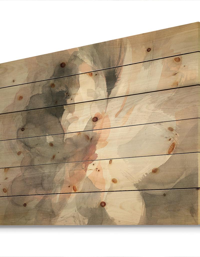 DesignQ Abstract Peony Grey - Pink Modern Print On Natural Pine Wood