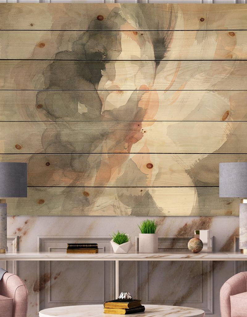 DesignQ Abstract Peony Grey - Pink Modern Print on Natural Pine Wood