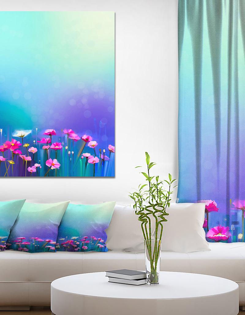 DesignQ Abstract Pink Cosmos and Daisy Flower - Floral Painting Print on Wrapped Canvas