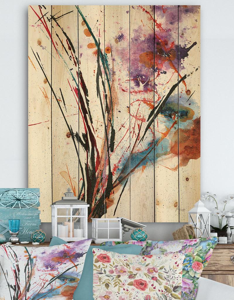 DesignQ Abstract Purple and Blue Flowers - Traditional Print on Natural Pine Wood