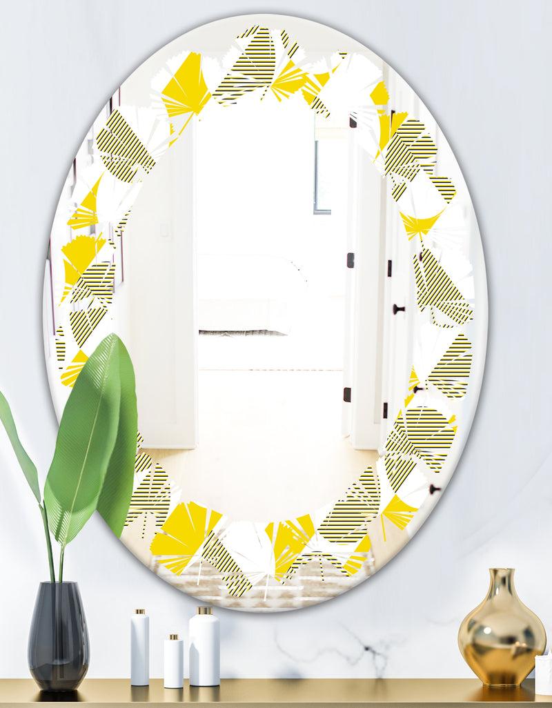 DesignQ Abstract Retro Geometric II - Modern Round Or Oval Wall Mirror - Leaves