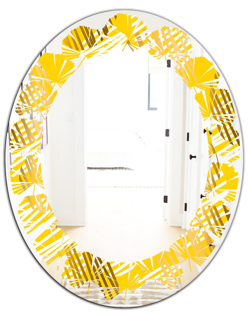 DesignQ Abstract Retro Geometric IV - Modern Round Or Oval Wall Mirror - Leaves