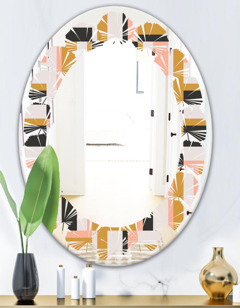 DesignQ Abstract Retro Geometric IX - Modern Round Or Oval Wall Mirror - Leaves