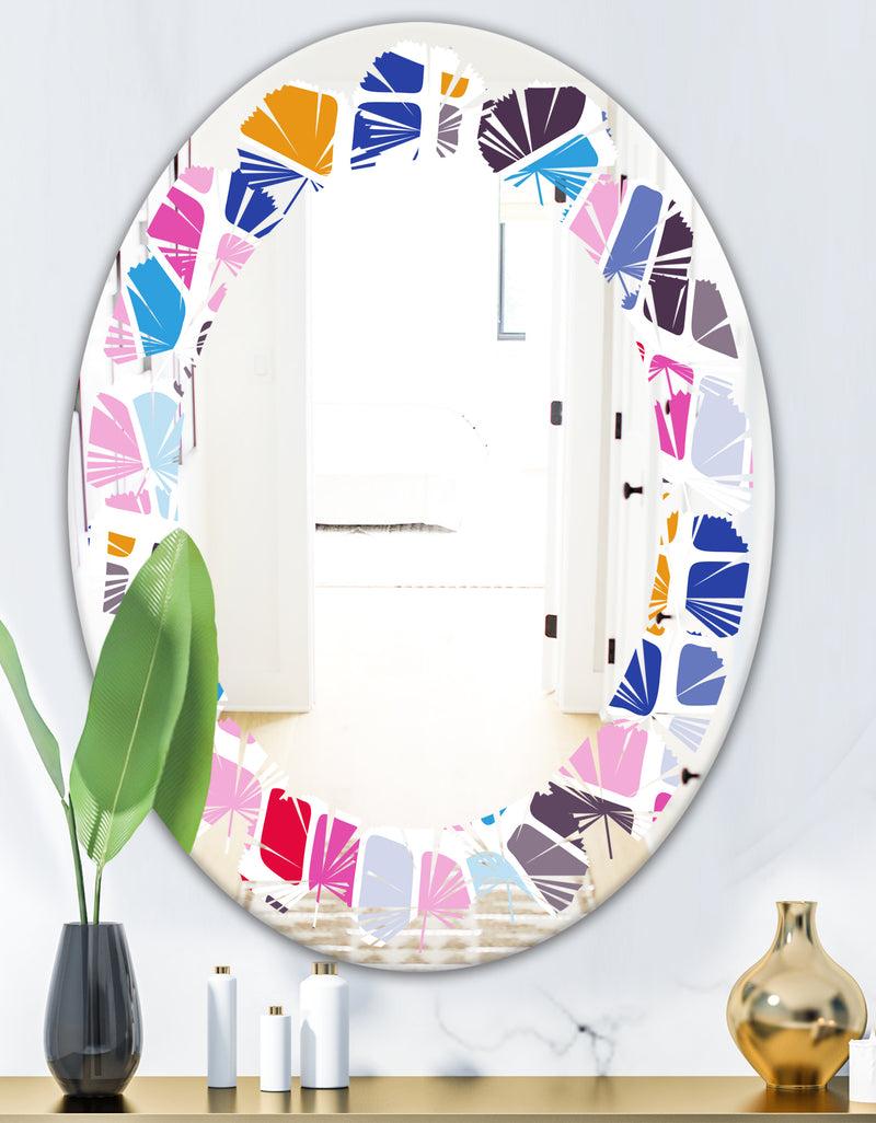 DesignQ Abstract Retro Geometric Pattern I - Modern Round Or Oval Wall Mirror - Leaves