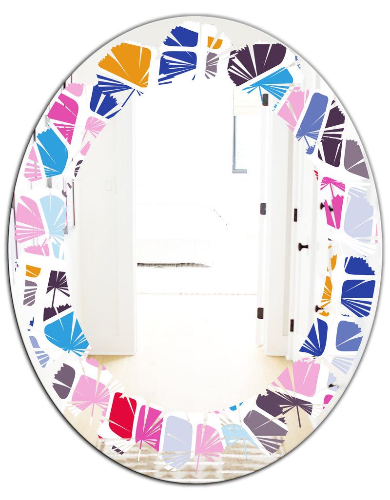 DesignQ Abstract Retro Geometric Pattern I - Modern Round Or Oval Wall Mirror - Leaves