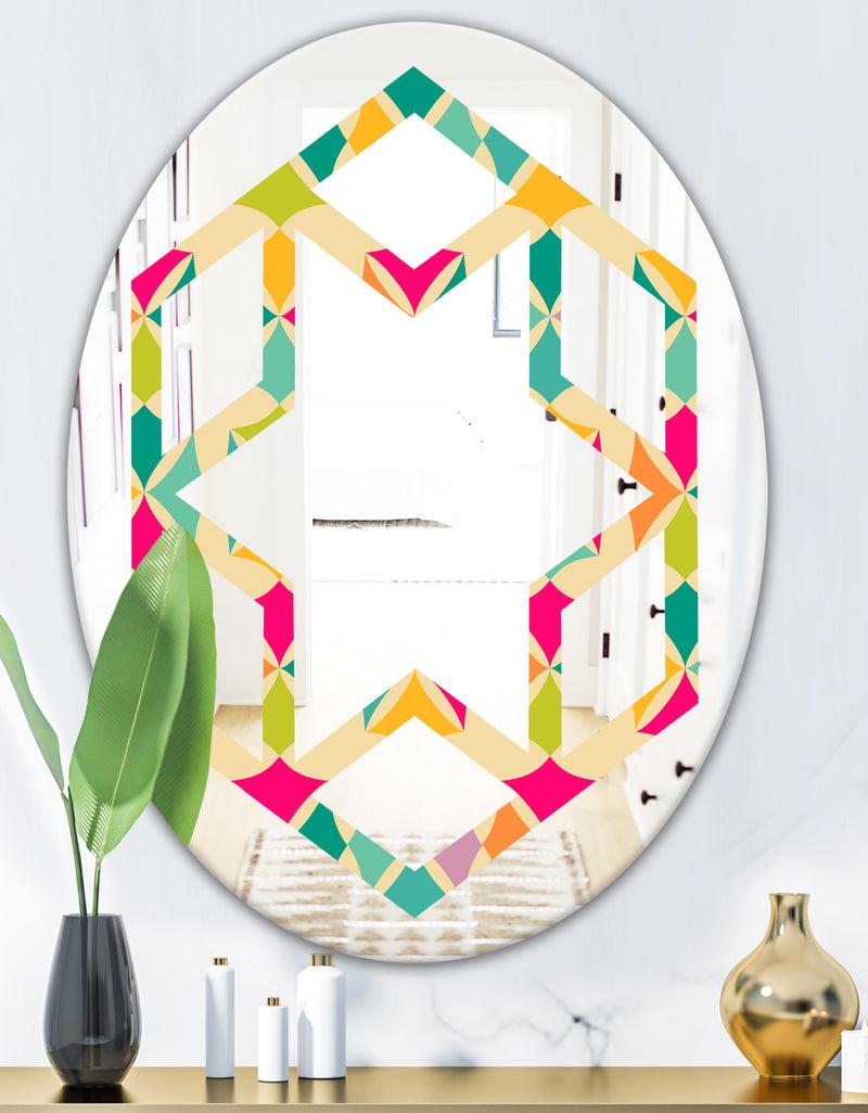 DesignQ Abstract Retro Geometric Pattern III - Modern Round Or Oval Wall Mirror - Hexagon Star