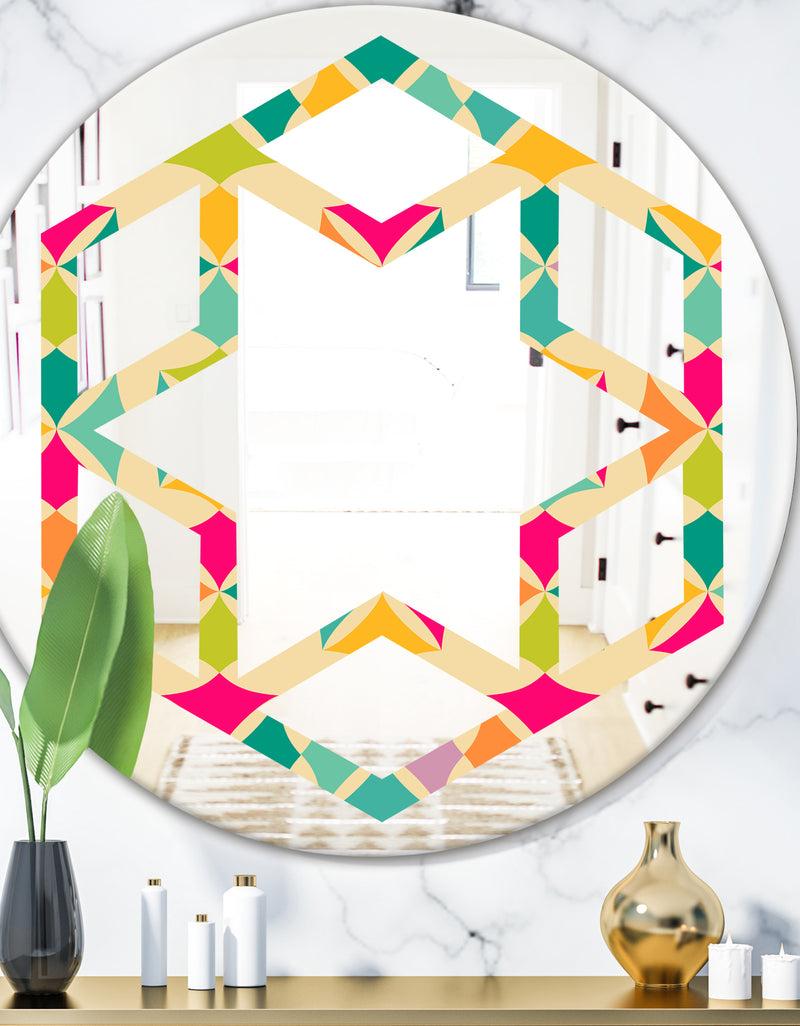 DesignQ Abstract Retro Geometric Pattern III - Modern Round or Oval Wall Mirror - Hexagon Star