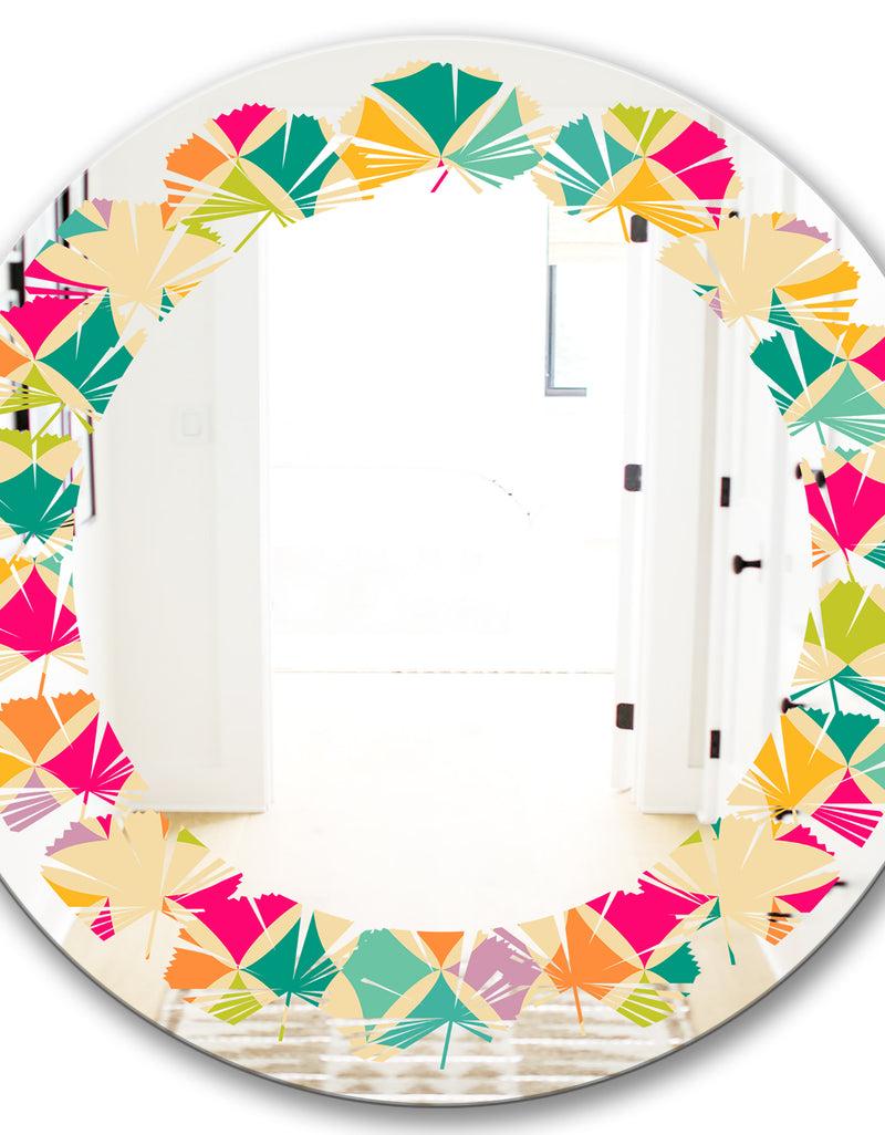 DesignQ Abstract Retro Geometric Pattern III - Modern Round Or Oval Wall Mirror - Leaves