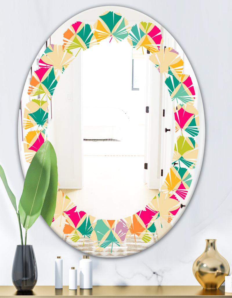 DesignQ Abstract Retro Geometric Pattern III - Modern Round Or Oval Wall Mirror - Leaves