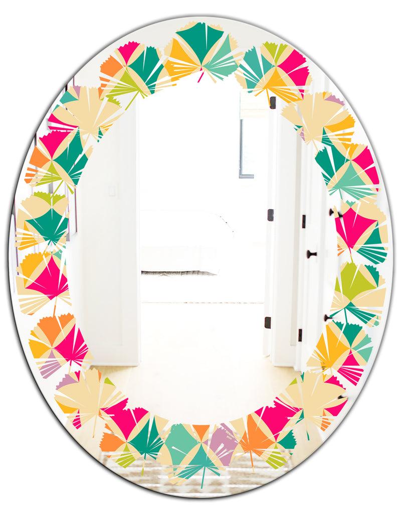 DesignQ Abstract Retro Geometric Pattern III - Modern Round Or Oval Wall Mirror - Leaves