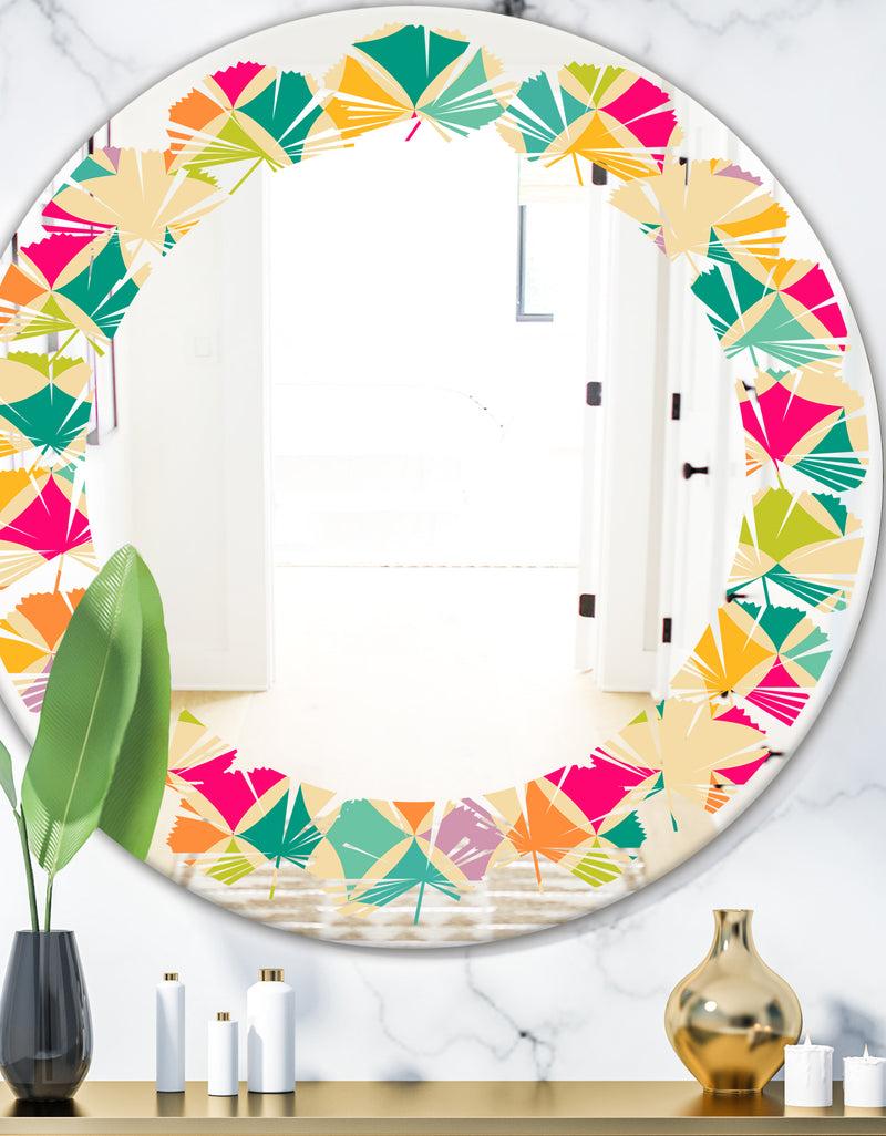 DesignQ Abstract Retro Geometric Pattern III - Modern Round or Oval Wall Mirror - Leaves