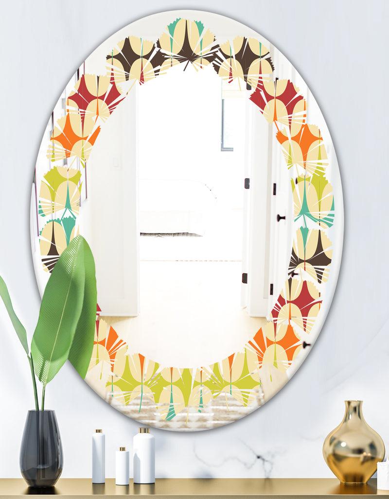 DesignQ Abstract Retro Geometric Pattern V - Modern Round Or Oval Wall Mirror - Leaves