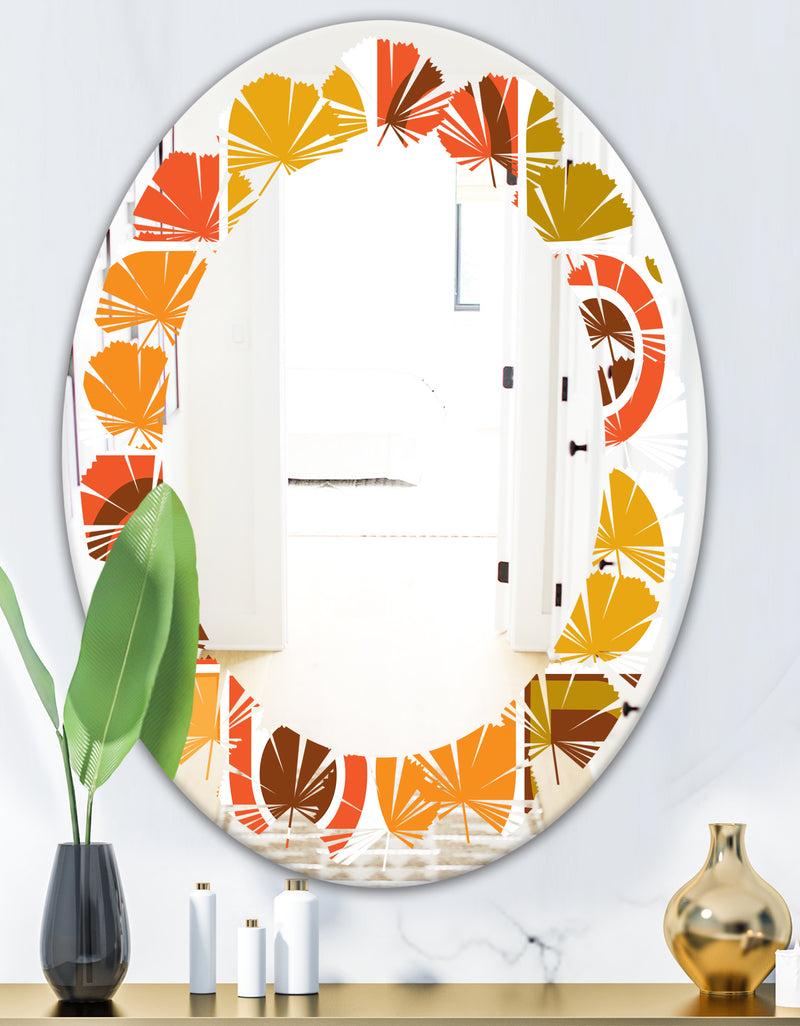 DesignQ Abstract Retro Geometric Pattern VI - Modern Round Or Oval Wall Mirror - Leaves