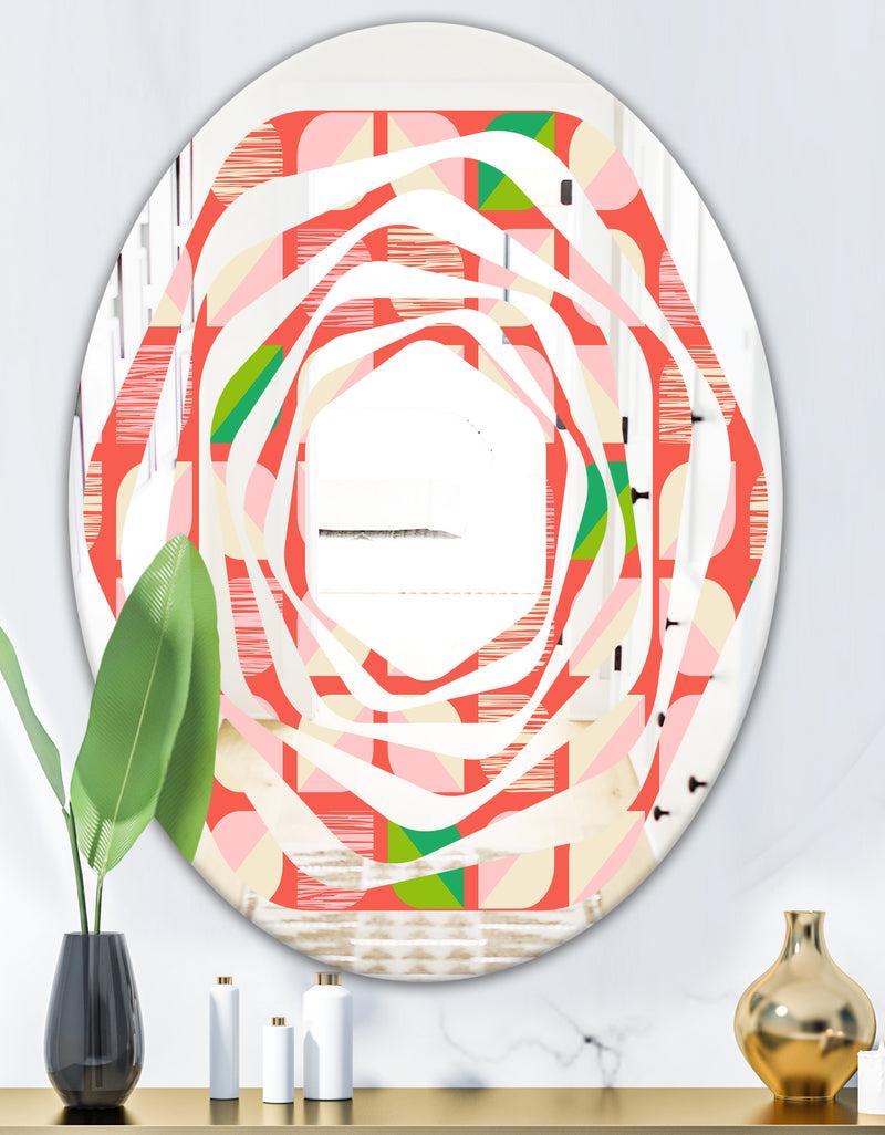 DesignQ Abstract Retro Geometric Pattern VIII - Modern Round Or Oval Wall Mirror - Whirl