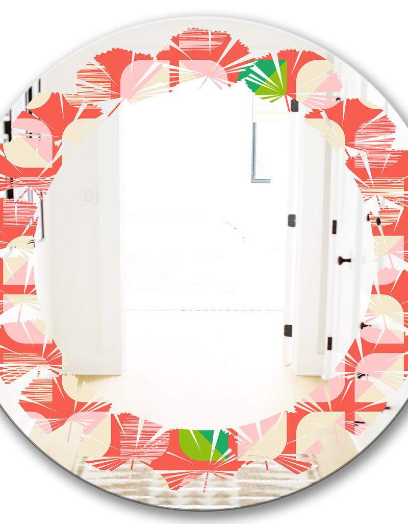 DesignQ Abstract Retro Geometric Pattern VIII - Modern Round Or Oval Wall Mirror - Leaves