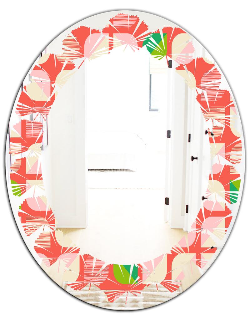 DesignQ Abstract Retro Geometric Pattern VIII - Modern Round Or Oval Wall Mirror - Leaves