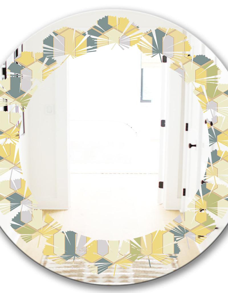 DesignQ Abstract Retro Geometrical Design II - Modern Round Or Oval Wall Mirror - Leaves