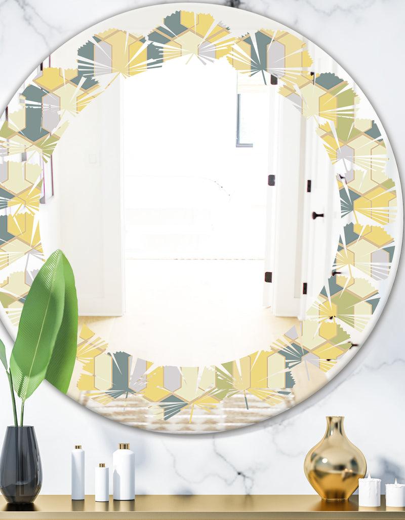 DesignQ Abstract Retro Geometrical Design II - Modern Round or Oval Wall Mirror - Leaves