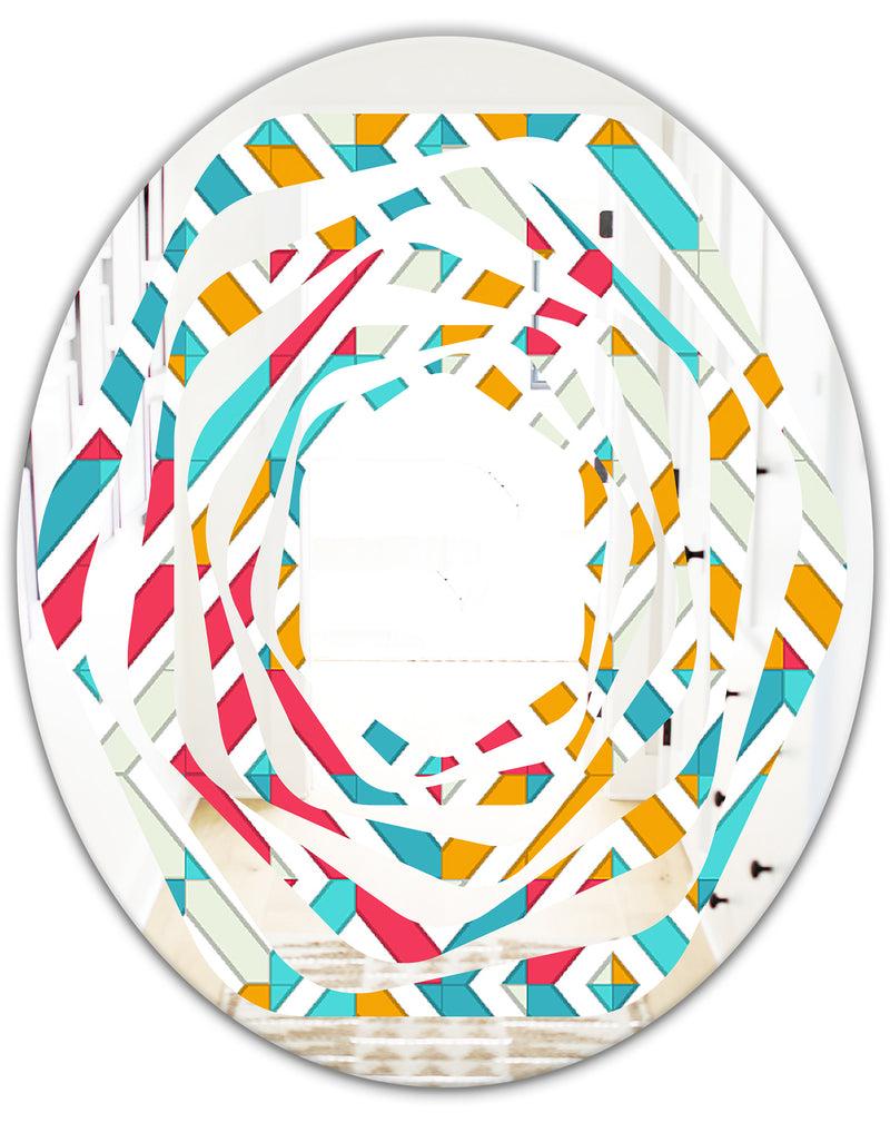 DesignQ Abstract Retro Geometry I - Modern Round Or Oval Wall Mirror - Whirl