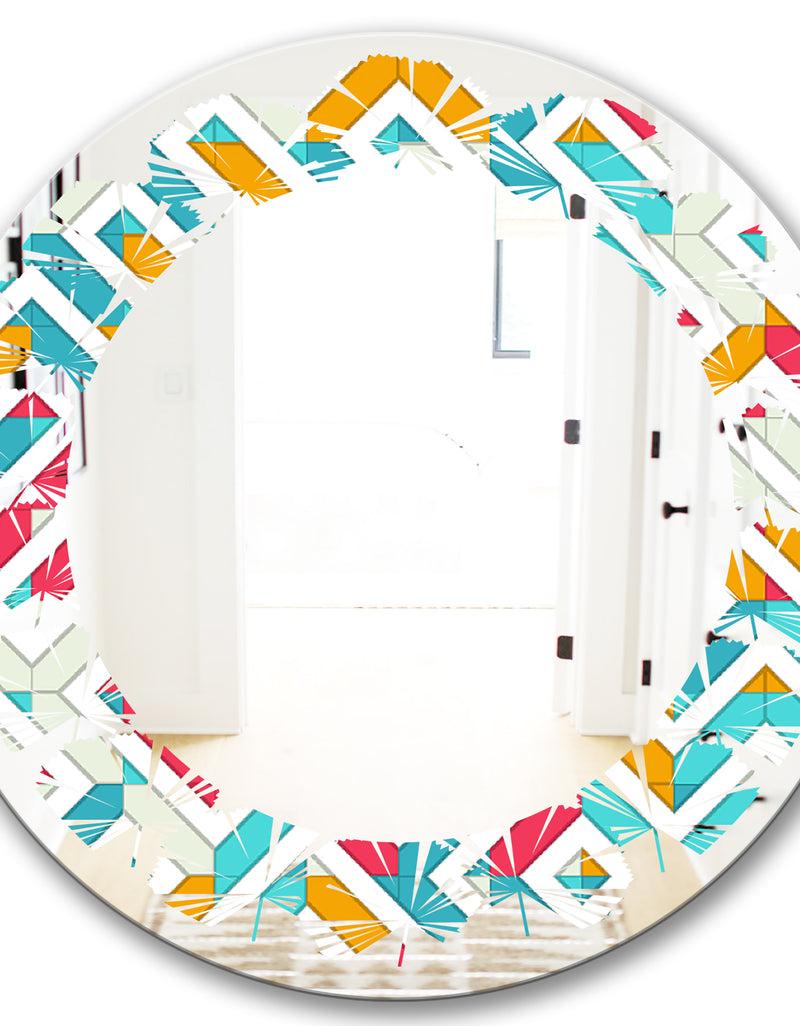 DesignQ Abstract Retro Geometry I - Modern Round Or Oval Wall Mirror - Leaves