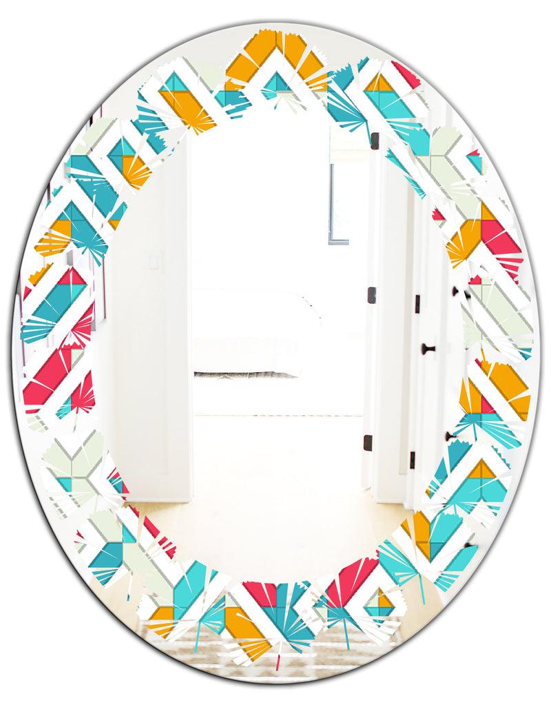 DesignQ Abstract Retro Geometry I - Modern Round Or Oval Wall Mirror - Leaves