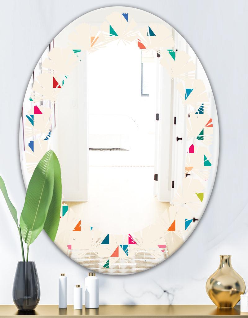 DesignQ Abstract Triangular Retro Pattern I - Modern Round Or Oval Wall Mirror - Leaves