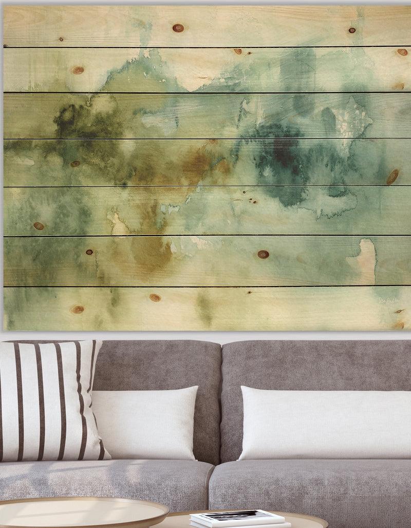 DesignQ Abstract Watercolor Green House - Modern & Contemporary Print on Natural Pine Wood
