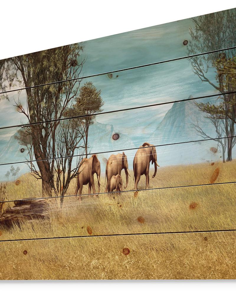 DesignQ African Elephants Panorama - African Print On Natural Pine Wood