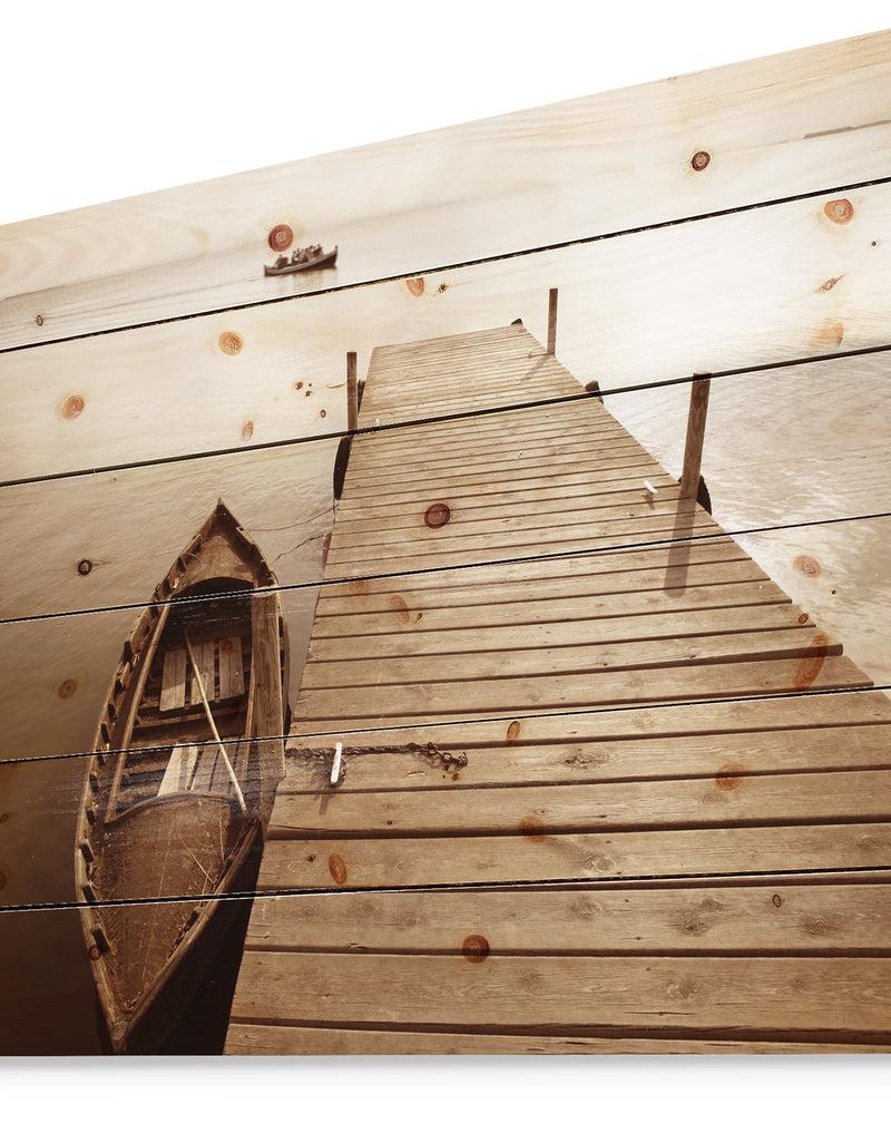 DesignQ Albufera Lake Wetlands Pier - Boat Print On Natural Pine Wood