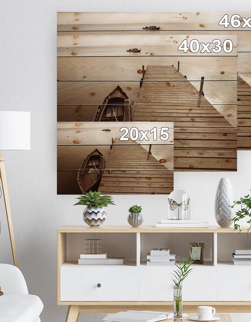 DesignQ Albufera Lake Wetlands Pier - Boat Print On Natural Pine Wood