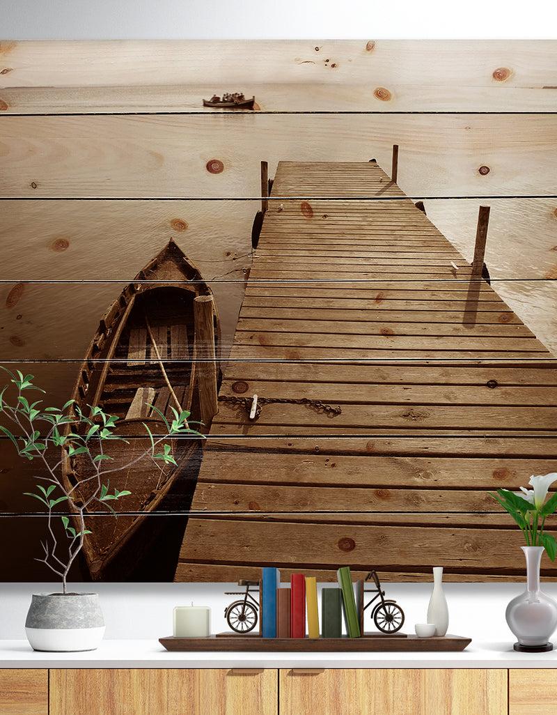 DesignQ Albufera Lake Wetlands Pier - Boat Print on Natural Pine Wood