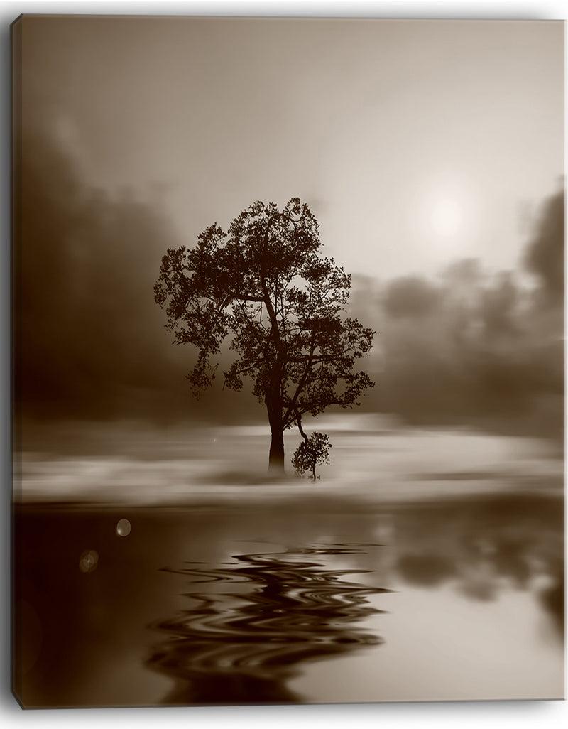 DesignQ Alone Tree On Island In Sepia - Extra Large Wall Art Landscape