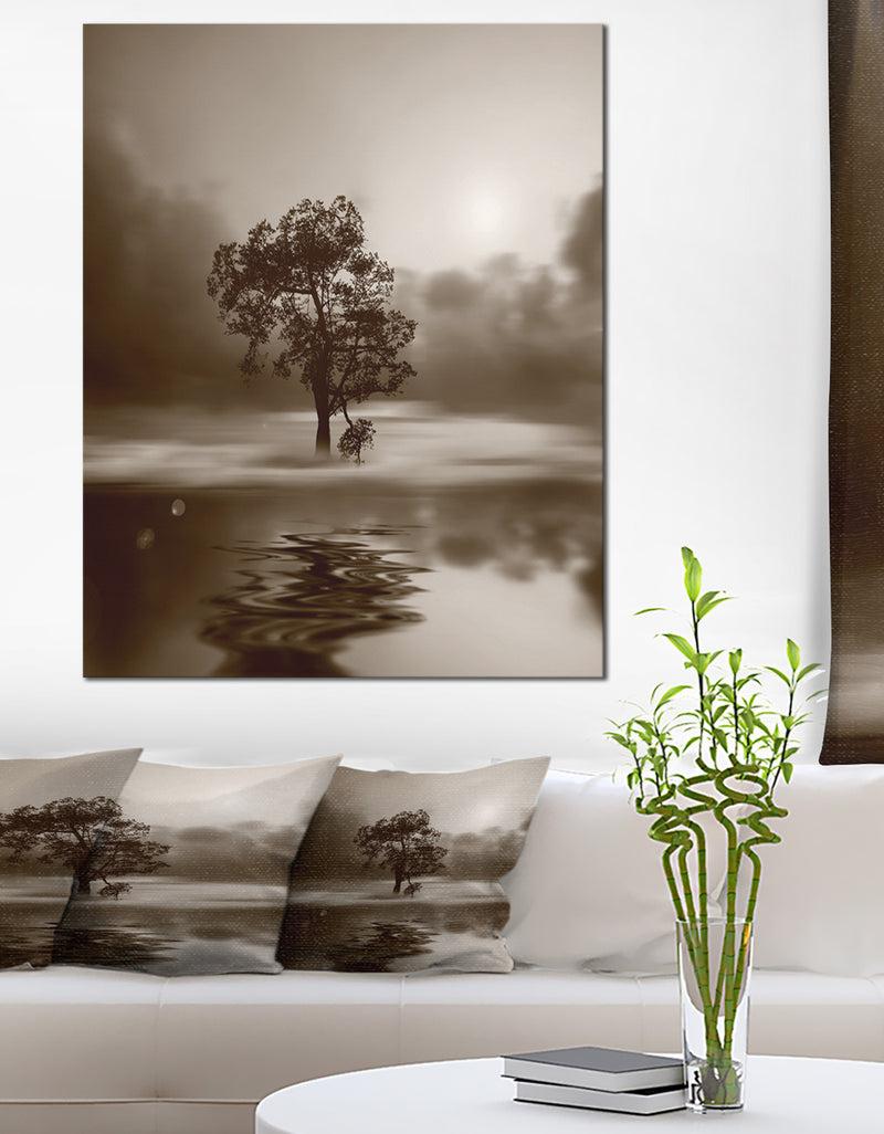 DesignQ Alone Tree On Island In Sepia - Extra Large Wall Art Landscape