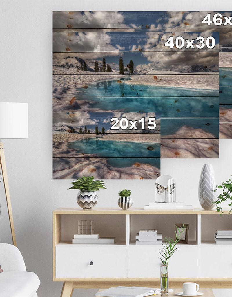 DesignQ Amazing Blue Melt Lake In Fog - Landscape Print On Natural Pine Wood