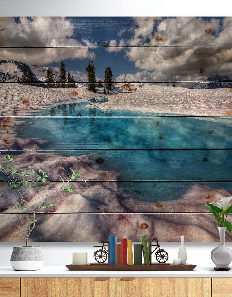 DesignQ Amazing Blue Melt Lake in Fog - Landscape Print on Natural Pine Wood