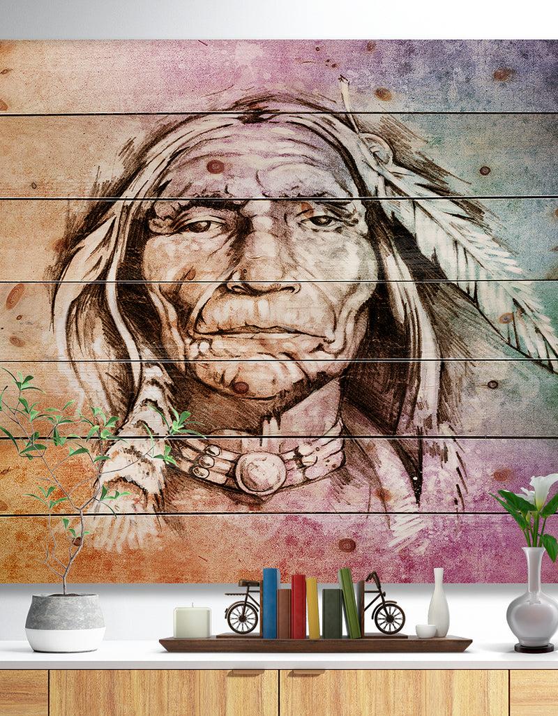 DesignQ American Indian Head - Portrait Print on Natural Pine Wood