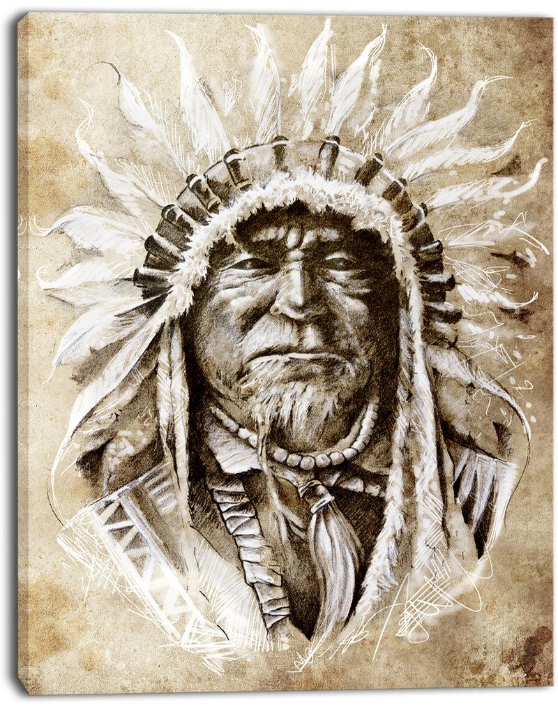 DesignQ American Indian Head Tattoo Sketch - 16x32 Portrait Canvas Print