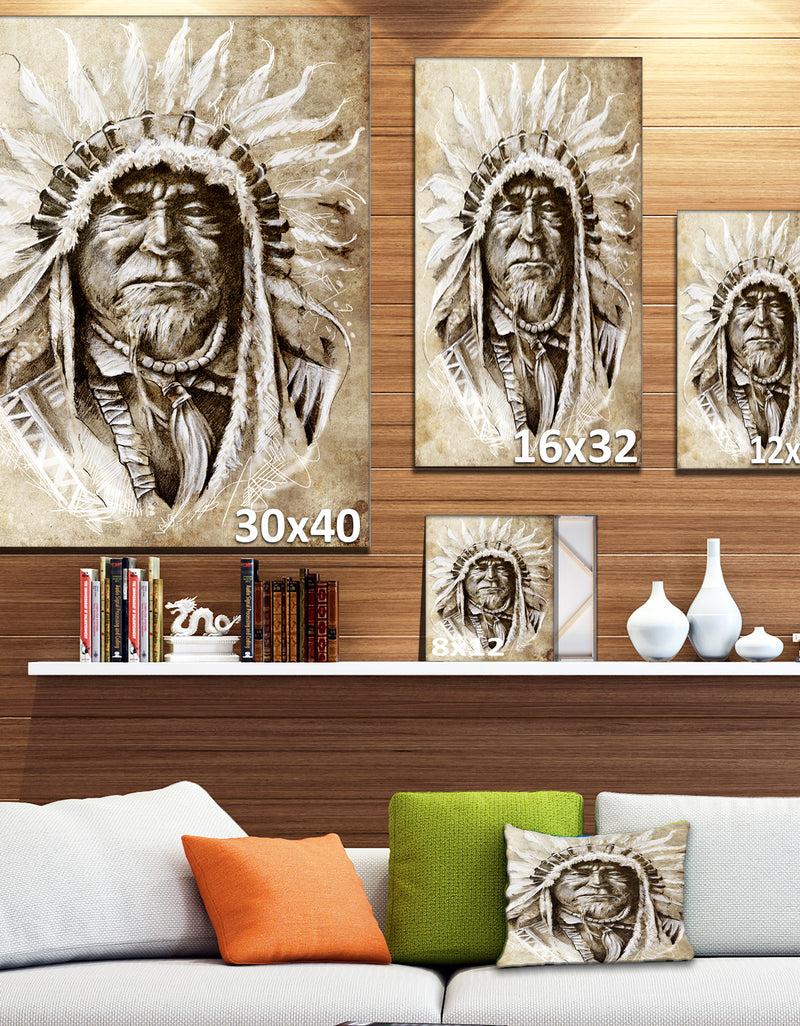 DesignQ American Indian Head Tattoo Sketch - 16x32 Portrait Canvas Print
