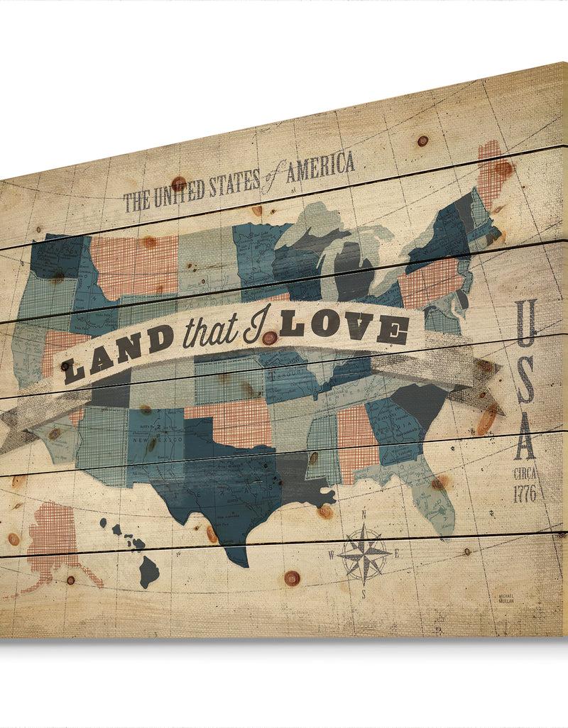 DesignQ American Map Watercolor - Map Print On Natural Pine Wood