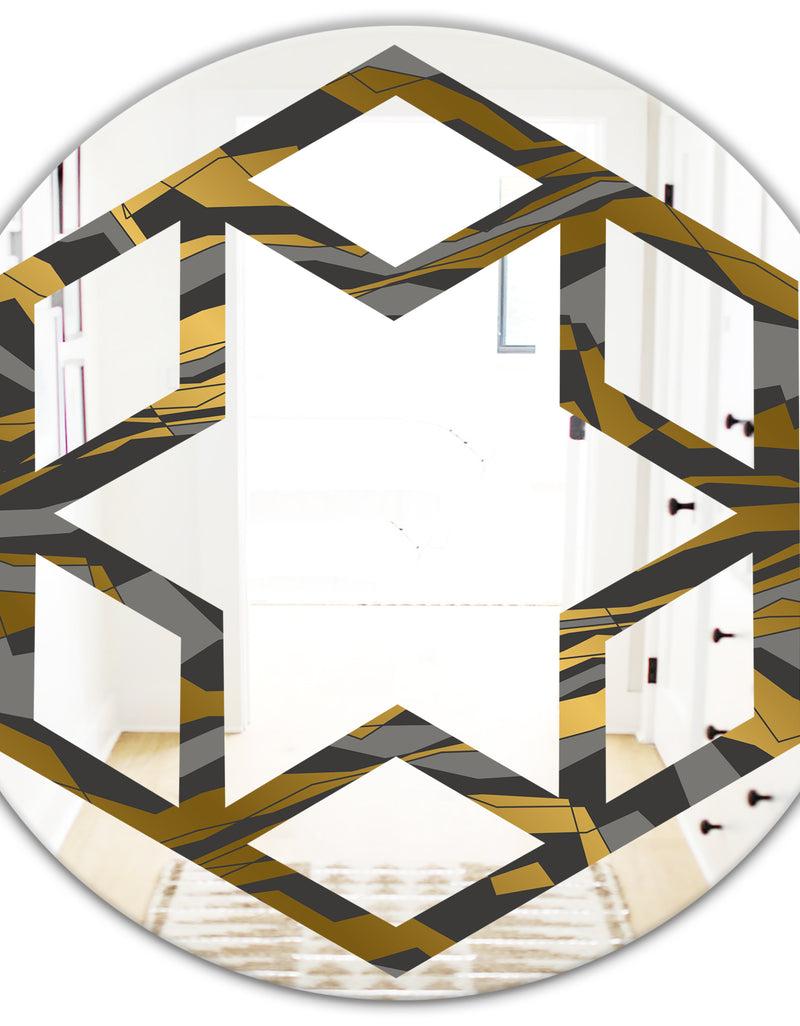 DesignQ Angled Lines And Waves Pattern - Modern Round Or Oval Wall Mirror - Hexagon Star
