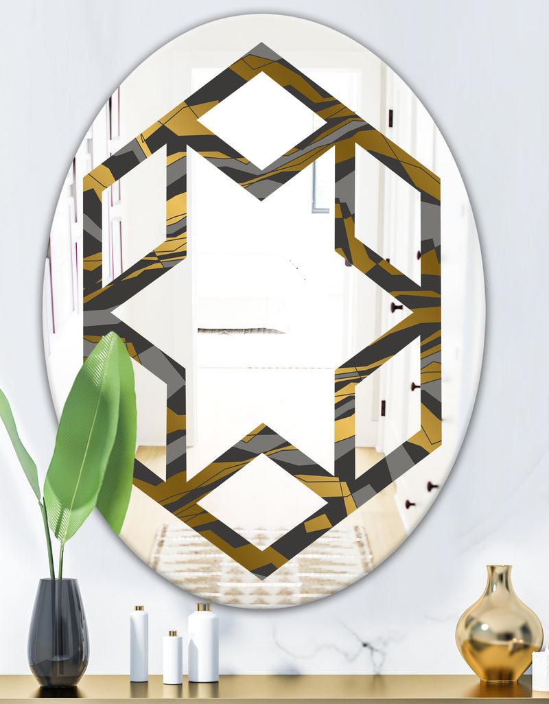 DesignQ Angled Lines And Waves Pattern - Modern Round Or Oval Wall Mirror - Hexagon Star
