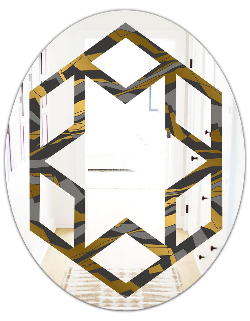 DesignQ Angled Lines And Waves Pattern - Modern Round Or Oval Wall Mirror - Hexagon Star