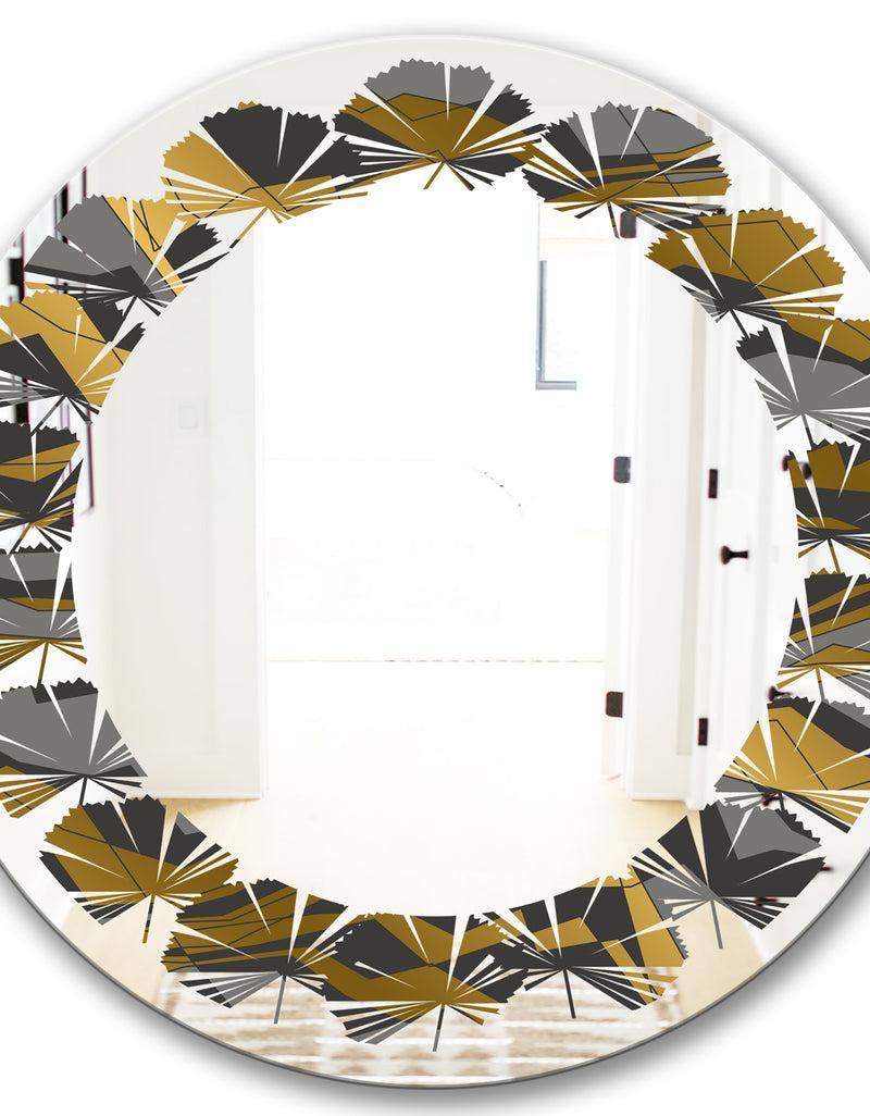 DesignQ Angled Lines And Waves Pattern - Modern Round Or Oval Wall Mirror - Leaves
