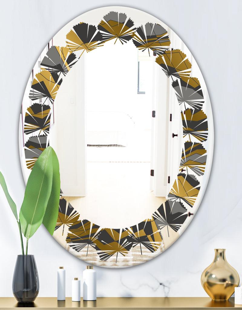 DesignQ Angled Lines And Waves Pattern - Modern Round Or Oval Wall Mirror - Leaves