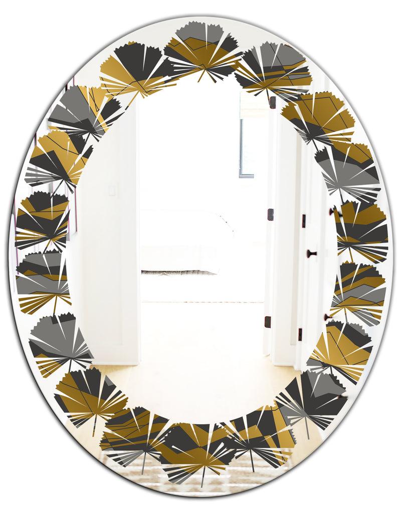 DesignQ Angled Lines And Waves Pattern - Modern Round Or Oval Wall Mirror - Leaves
