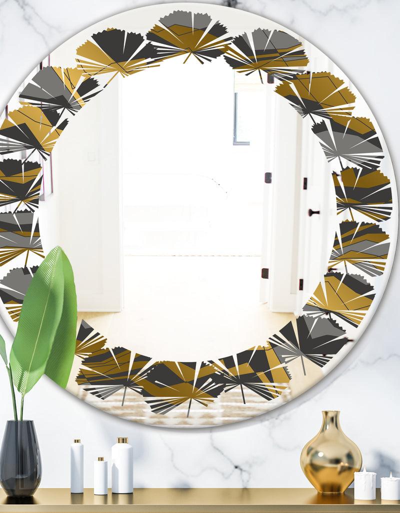 DesignQ Angled lines and waves pattern - Modern Round or Oval Wall Mirror - Leaves