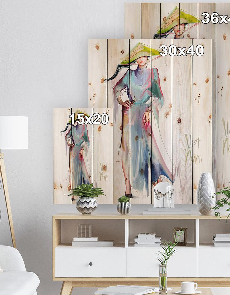 DesignQ Asian Women In Blue Dress - Digital Art Portrait Print On Natural Pine Wood